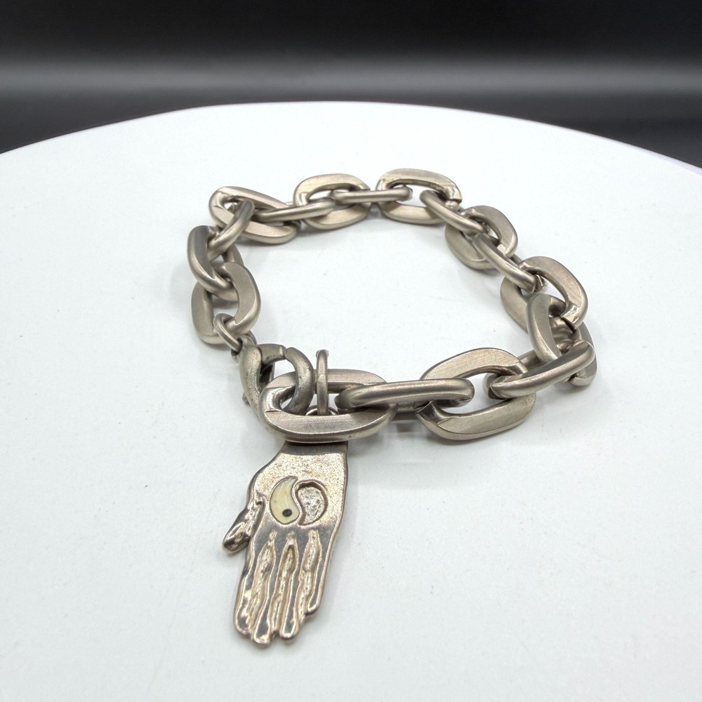 Silver Tone Chunky Link Bracelet Yin Yang Hand Charm Boho Gothic Statement Gift